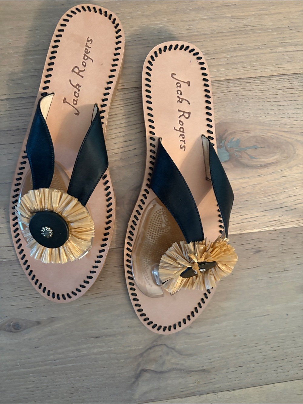 Jack Rogers Black Leather Sandals with Gold Raffia Flower